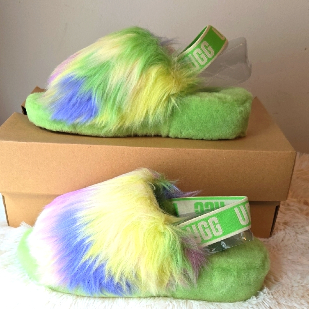 UGG Fluff Yeah Slide Tie Dye Green and Purple Fluffy Slippers US 9